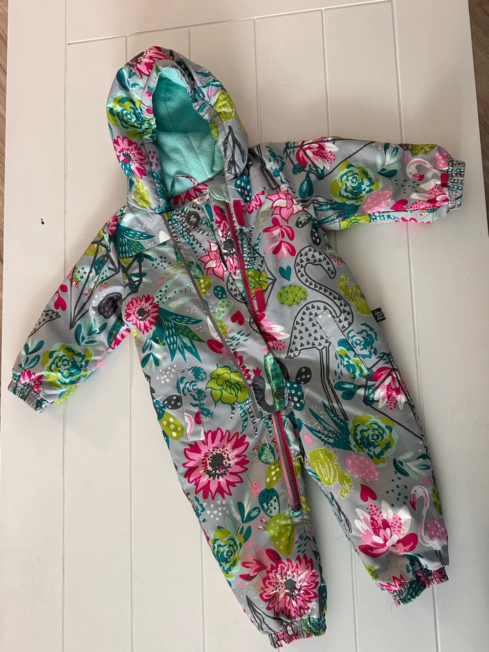 deux par deux Girls' Floral Hooded Rain One-Piece in Gray, Pink & Green